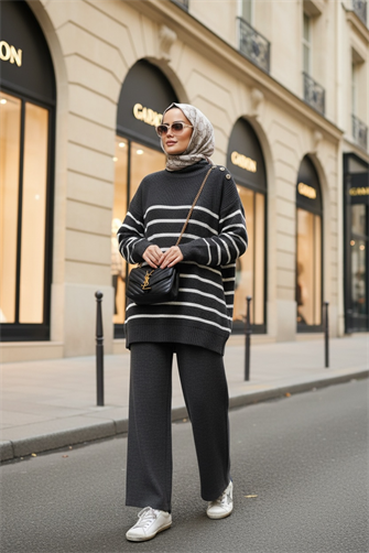 Kolyeli Çizgili Triko Takım Antrasit Gri