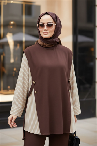 Liora Kadın Tesettür İkili Takım – Pamuklu İki İplik Gömlek Detaylı- Kahve