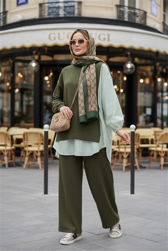 Line Gömlek Detaylı Tunikli İkili Takım | Cepli Bol Paça ve Tunikli  Yeşil