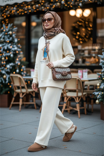 The Bear Society Özel Koleksiyon İkili Takım | Pamuklu Esnek Kumaş Ekru-Vanilya