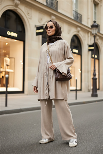 Rahat Ham Keten İkili Takım - Pileli Geniş Kol Tunik Takım Vizon