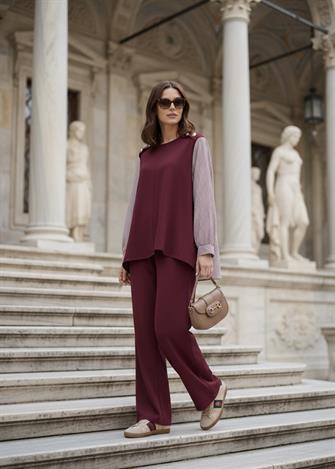 Merina İkili Takım – Çizgili Gömlek Detaylı Bordo