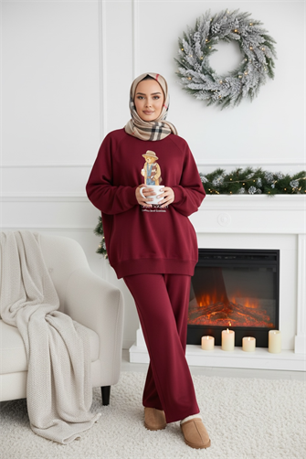 The Bear Society Özel Koleksiyon İkili Takım | Pamuklu Esnek Kumaş Bordo