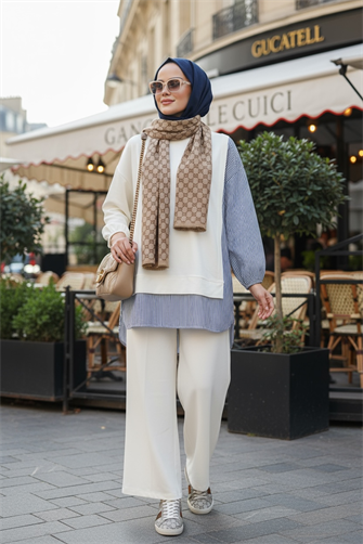 Line Gömlek Detaylı Tunikli İkili Takım | Cepli Bol Paça ve Tunikli Ekru