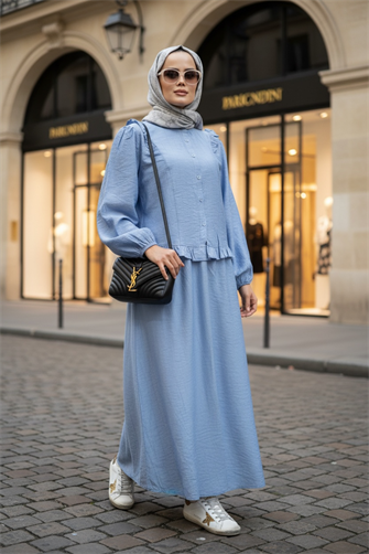 Çilek Kumaş Pamuklu Fırfırlı Gömlek Etekli Takım – Mavi