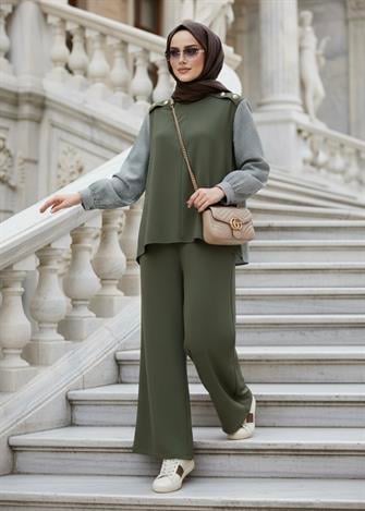 Maribel  İkili Takım – Çizgili Gömlek Detaylı Yeşil