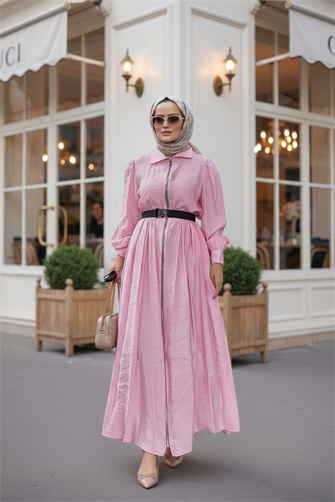 Fermuarlı Pamuklu Tesettür Elbise | Yazlık Günlük ve Özel Gün Elbisesi | Pembe