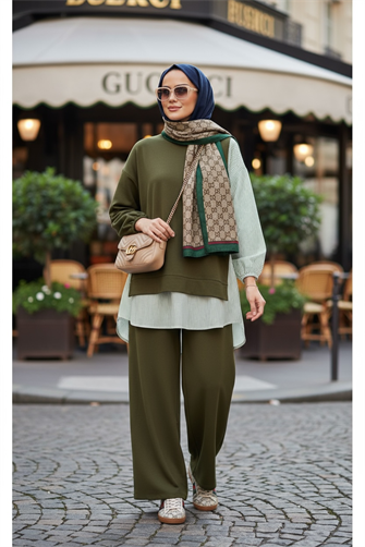 Line Gömlek Detaylı Tunikli İkili Takım | Cepli Bol Paça ve Tunikli  Yeşil