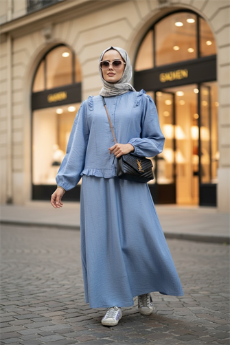 Çilek Kumaş Pamuklu Fırfırlı Gömlek Etekli Takım – Mavi