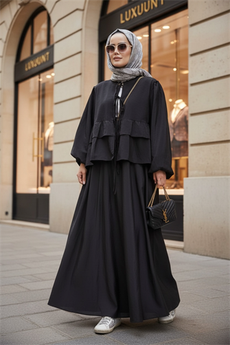 Modal Dokuma Kumaş Fırfırlı Bağçıklı Etekli İkili Takım Siyah