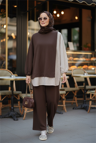 Çizgili Gömlek Detaylı Tunikli Acıkahve