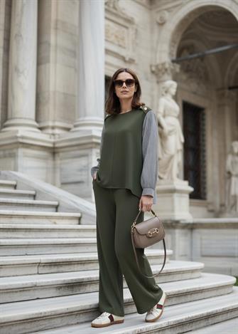 Merina İkili Takım – Çizgili Gömlek Detaylı Yeşil