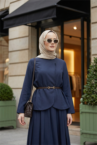 Kupra Kumaş Kemerli Ceket Etek Üçlü Takım – Lacivert