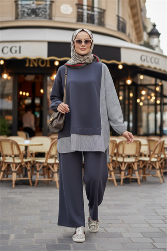 Line Gömlek Detaylı Tunikli İkili Takım | Cepli Bol Paça ve Tunikli  Antrasitgri