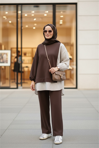 Kadın Tesettür Takım Line İkili Takım Gömlek  KoyuKahve