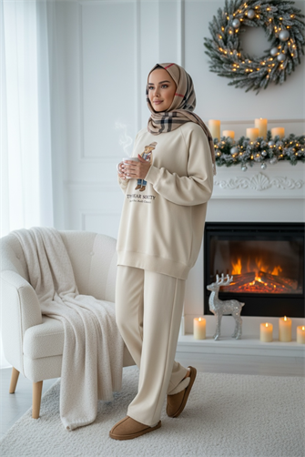 The Bear Society Özel Koleksiyon İkili Takım | Pamuklu Esnek Kumaş Ekru-Vanilya