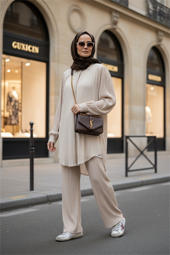 بدلة ساتان مطوية من الساتان بيج