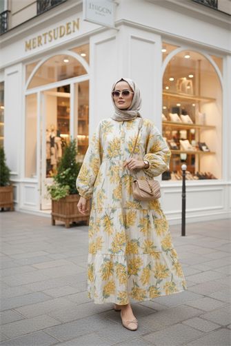 Pamuklu Çiçek Desenli Yazlık Robalı Elbise Sarı