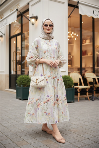 Pamuklu Çiçek Desenli Yazlık Robalı Elbise Bej