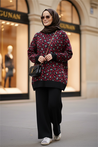 Leopar  Desenli Triko Takım Bordo
