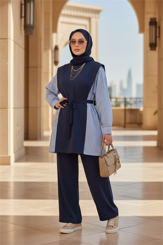 İki İplik Pamuklu Kuşaklı Tesettür Takım | Şık ve Rahat Günlük Kombin Lacivert