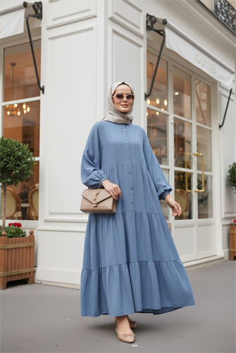 Çilek Kumaş Robalı Yazlık Elbise | Düğmeli ve Rahat Kesim  Mavi