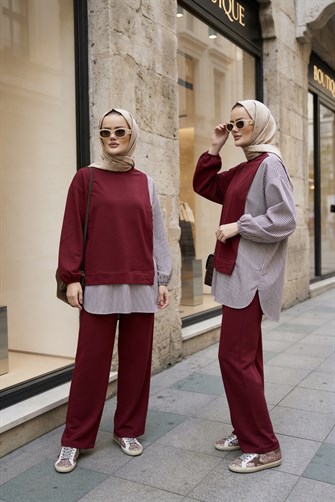 Kadın Tesettür Takım  Line İkili Gömlek Takım AçıkBordo