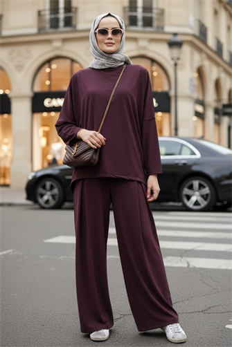 Light Touch Kumaş Pileli  Geniş Paça İkili Takım – Sezonsuz Tesettür Takım (36-50 Beden)Bordo
