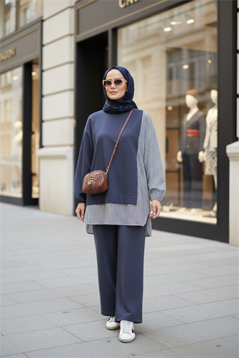 Kadın Tesettür Takım Line İkili Takım Gömlek Koyugri