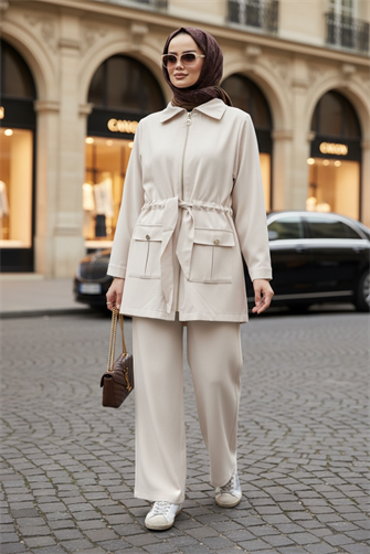 İthal Pamuklu Tensel Kumaş Fermuarlı Ceketli Liya Takım Bej