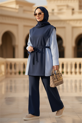 İki İplik Pamuklu Kuşaklı Tesettür Takım | Şık ve Rahat Günlük Kombin Lacivert