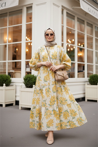 Pamuklu Çiçek Desenli Yazlık Robalı Elbise Sarı