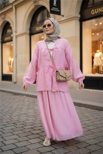 Pamuk Vual Kimono Etekli Takım | Astarlı  | 36-44 Beden Pembe