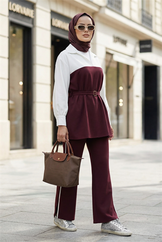 Avelin Kemer Detaylı Modal Kumaş Kadın Tesettür İkili Takım – Bordo 
