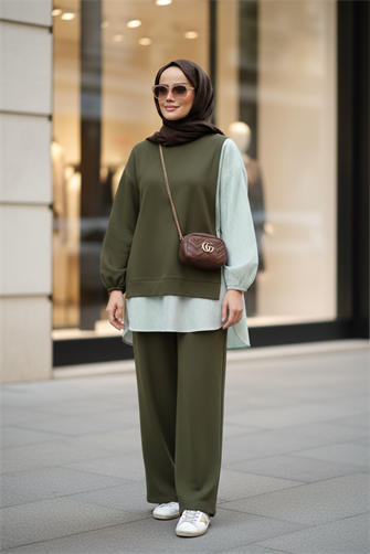 طقم قميص خطي مفصل أخضر مزدوج