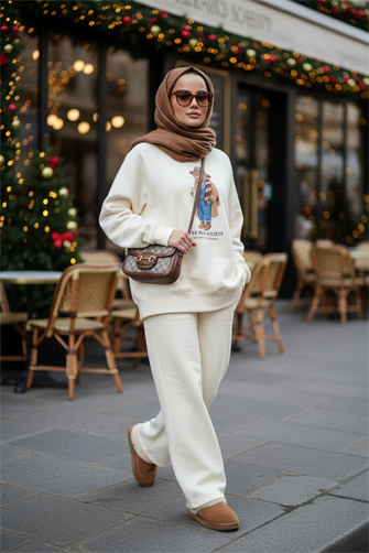 The Bear Society Özel Koleksiyon İkili Takım | Pamuklu Esnek Kumaş Ekru-Vanilya