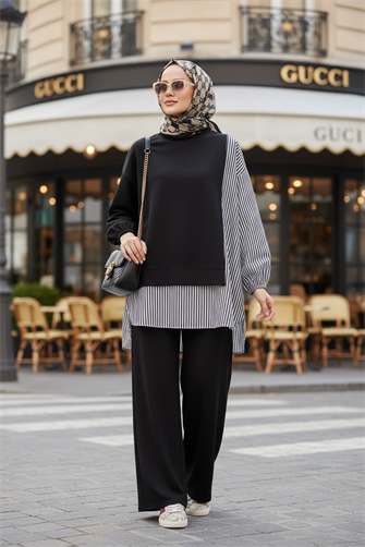 Line Gömlek Detaylı Tunikli İkili Takım | Cepli Bol Paça ve Tunikli  Siyah