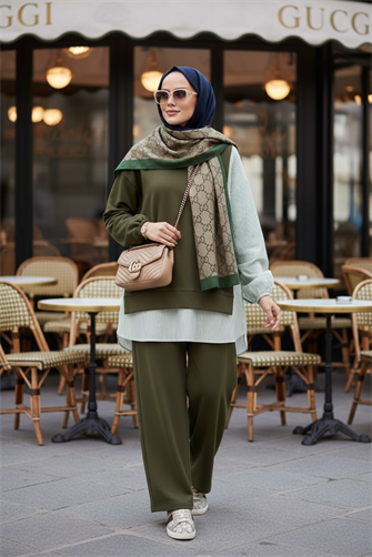 Line Gömlek Detaylı Tunikli İkili Takım | Cepli Bol Paça ve Tunikli  Yeşil