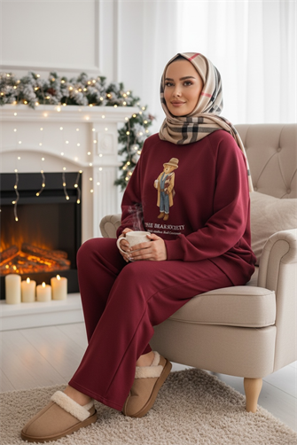 The Bear Society Özel Koleksiyon İkili Takım | Pamuklu Esnek Kumaş Bordo