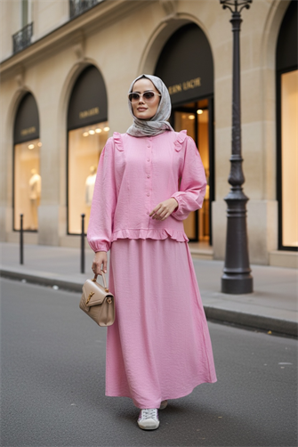 Çilek Kumaş Pamuklu Fırfırlı Gömlek Etekli Takım – Pembe