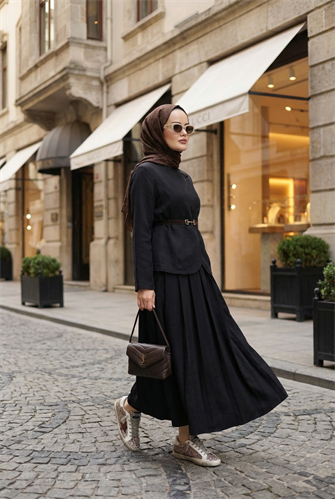 Kupra Kumaş Kemerli Ceket Etek Üçlü Takım – Siyah