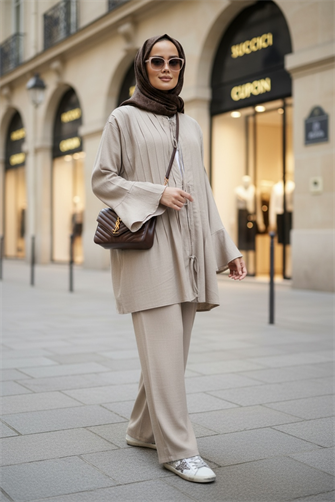 Rahat Ham Keten İkili Takım - Pileli Geniş Kol Tunik Takım Bej