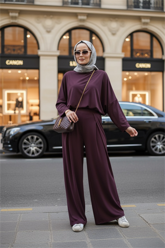 Light Touch Kumaş Pileli  Geniş Paça İkili Takım – Sezonsuz Tesettür Takım (36-50 Beden)Bordo