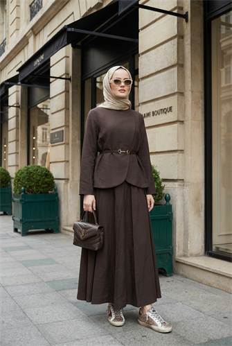 Kupra Kumaş Kemerli Ceket Etek Üçlü Takım – Acı Kahve