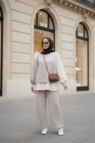 طقم قميص خطي طقم مزدوج بيج