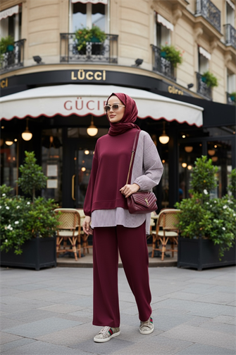 Çizgili Gömlek Detaylı Tunikli Bordo