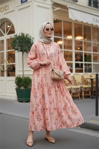 Pamuklu Yaprak Desenli Yazlık Robalı Elbise Pembe 