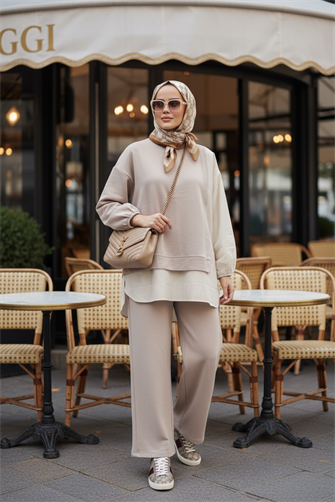 Line Gömlek Detaylı Tunikli İkili Takım | Cepli Bol Paça ve Tunikli  Bej