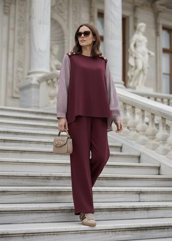 Merina İkili Takım – Çizgili Gömlek Detaylı Bordo