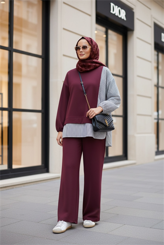 Kadın Tesettür Takım Line İkili Gömlek Takım KoyuBordo